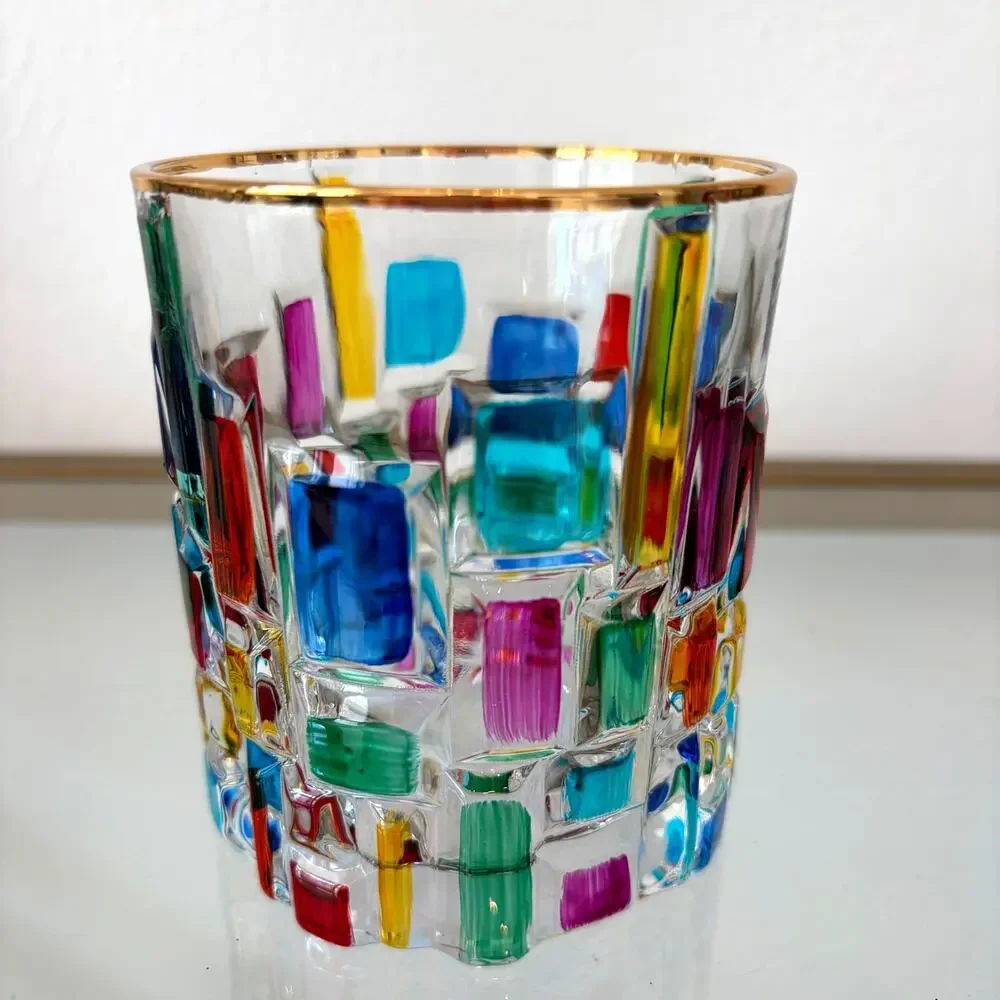 Hand Painted Italian Murano Crystal Whiskey Glasses 2pc 10oz Colorful Mosaic